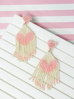 Seed Bead Tassel Heart Earrings - Pink