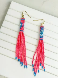 Seed Beaded Fringe Drop Dangles - Hot Pink