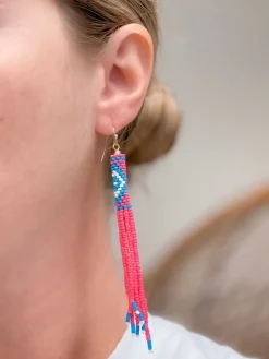 Seed Beaded Fringe Drop Dangles - Hot Pink