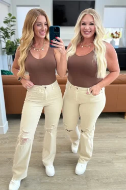 Selena High Rise Distressed 90's Straight Jeans in Bone by Judy Blue