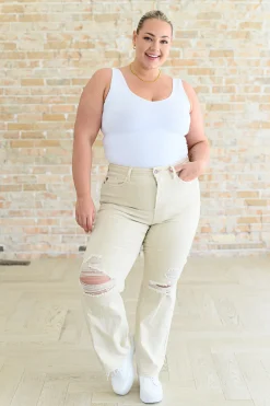 Selena High Rise Distressed 90's Straight Jeans in Bone by Judy Blue