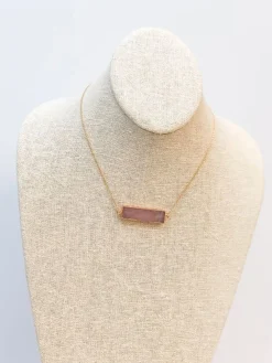 Semi Precious Bar Pendant Necklace - Rose Quartz