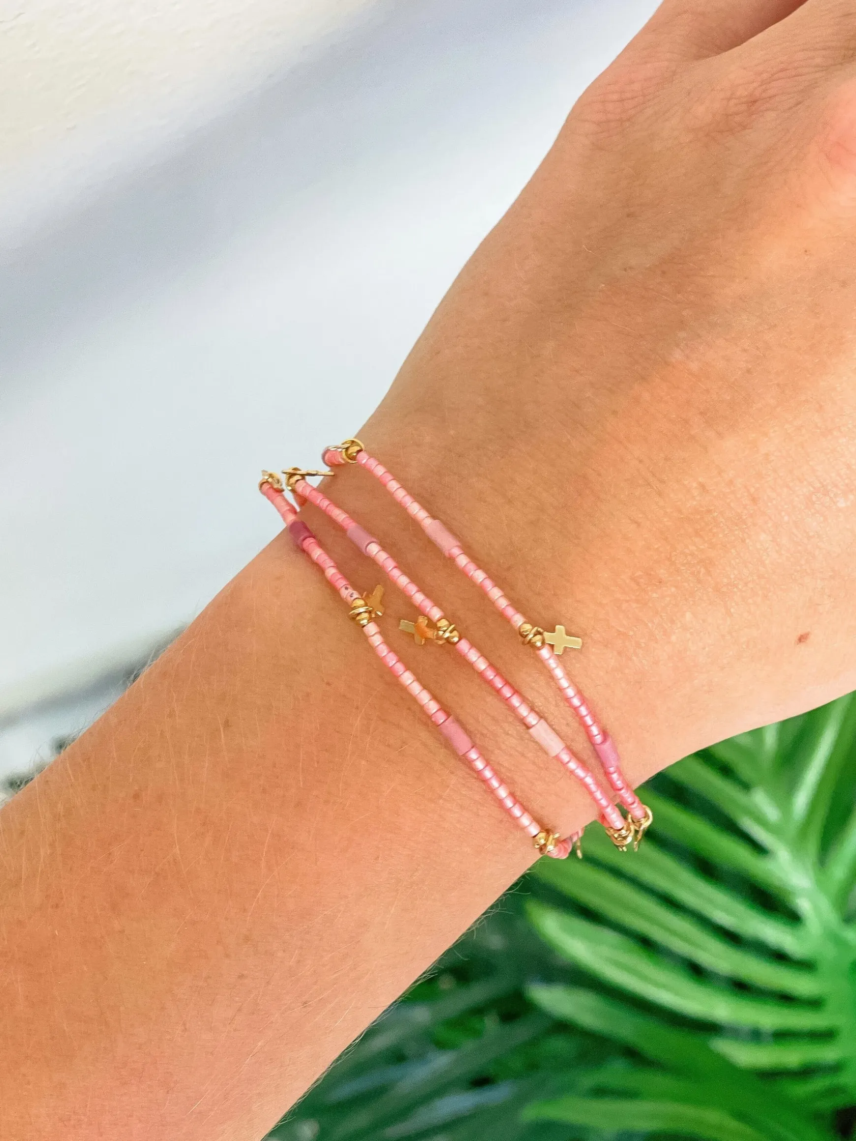 Semi Precious Cross Bracelet Set - Pink