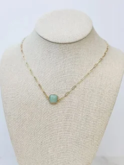 Semi Precious Square Stone Necklace - Green