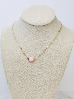 Semi Precious Square Stone Necklace - Pink