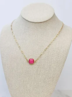 Semi Precious Square Stone Necklace - Guava
