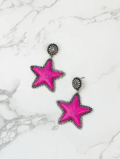 Semi Precious Star Statement Earrings - Pink