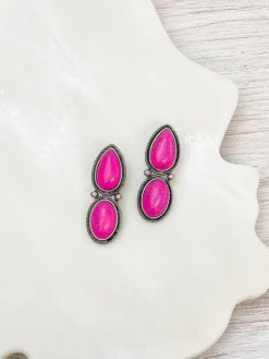 Semi Precious Stone Drop Earrings - Fuchsia