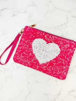 Sequin Heart Wristlet - Hot Pink