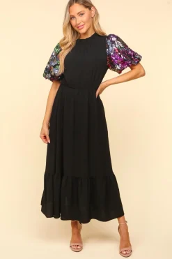 Sequin Puff Sleeve Maxi Dress - Black