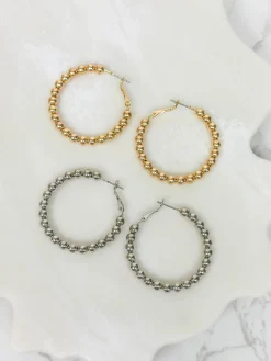 Shiny Ball Hoop Earrings - Gold