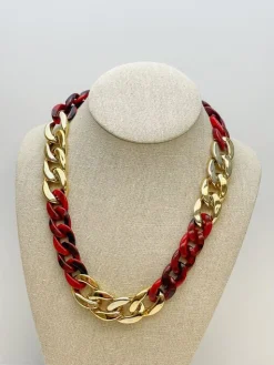 Shiny Gold Link Acrylic Necklace - Maroon