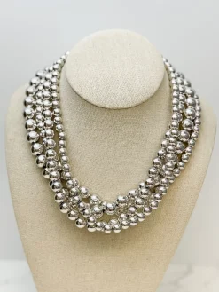 Shiny Silver Beaded Multi Strand Necklace