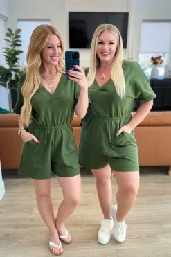 Short Sleeve V-Neck Romper in Army Green