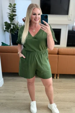 Short Sleeve V-Neck Romper in Army Green