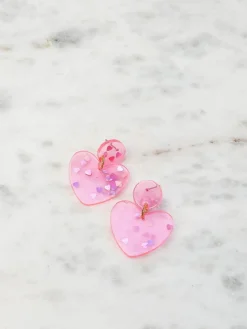 Silver Confetti Heart Dangle Earrings - Neon Pink