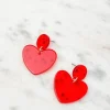 Silver Confetti Heart Dangle Earrings - Red