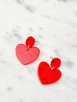 Silver Confetti Heart Dangle Earrings - Red
