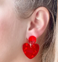 Silver Confetti Heart Dangle Earrings - Red