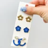 Simple Enamel Flower Earrings Set - Blue
