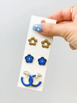 Simple Enamel Flower Earrings Set - Blue