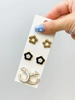 Simple Flower Earrings Set - Black