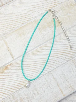Single Pearl Leather Choker Necklace - Turquoise