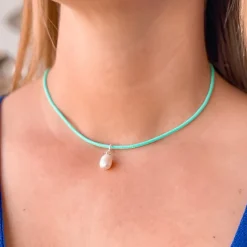 Single Pearl Leather Choker Necklace - Turquoise