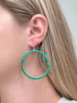 Skinny Open Beaded Dangle Earrings - Green