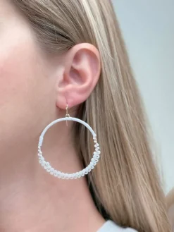 Skinny Open Beaded Dangle Earrings - White