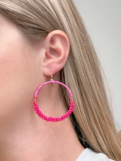 Skinny Open Beaded Dangle Earrings - Hot Pink