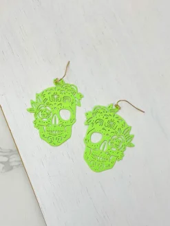 Skull Statement Dangle Earrings - Neon Green