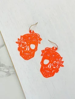 Skull Statement Dangle Earrings - Neon Orange