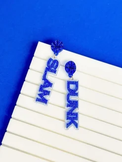 'Slam Dunk' Statement Dangle Earrings - Blue & White Glitter