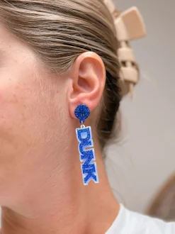 'Slam Dunk' Statement Dangle Earrings - Blue & White Glitter