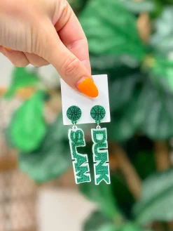 'Slam Dunk' Statement Dangle Earrings - Green & White Glitter