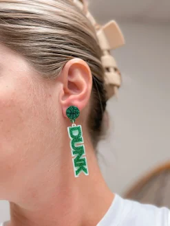 'Slam Dunk' Statement Dangle Earrings - Green & White Glitter