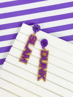 'Slam Dunk' Statement Dangle Earrings - Purple & Gold Glitter