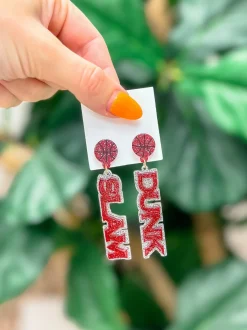 'Slam Dunk' Statement Dangle Earrings - Maroon & Silver Glitter