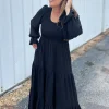 Smocking Woven Bubble Sleeve Maxi Dress - Black