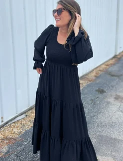 Smocking Woven Bubble Sleeve Maxi Dress - Black