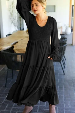 Smocking Woven Bubble Sleeve Maxi Dress - Black