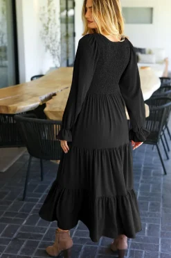 Smocking Woven Bubble Sleeve Maxi Dress - Black