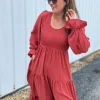 Smocking Woven Bubble Sleeve Maxi Dress - Marsala