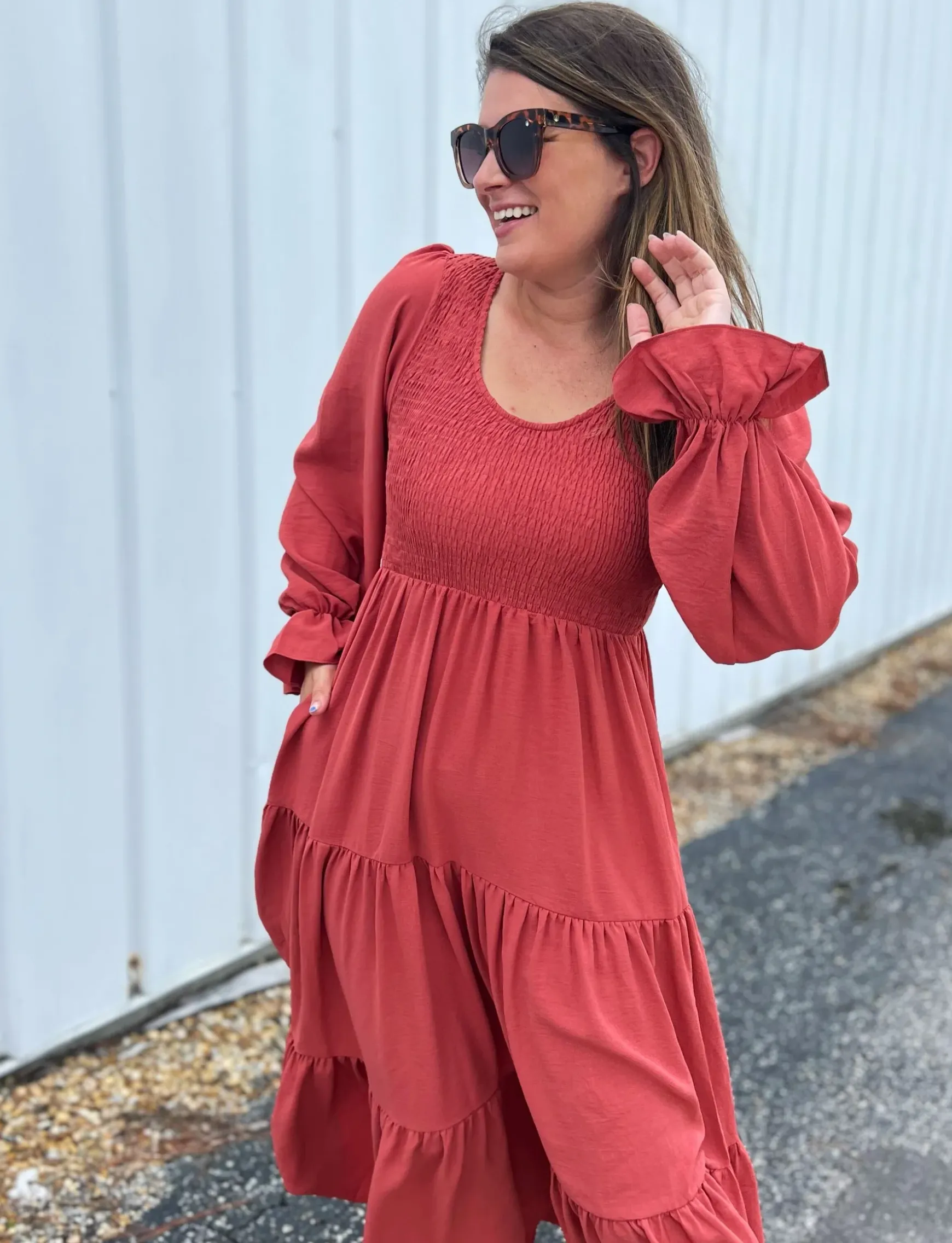 Smocking Woven Bubble Sleeve Maxi Dress - Marsala