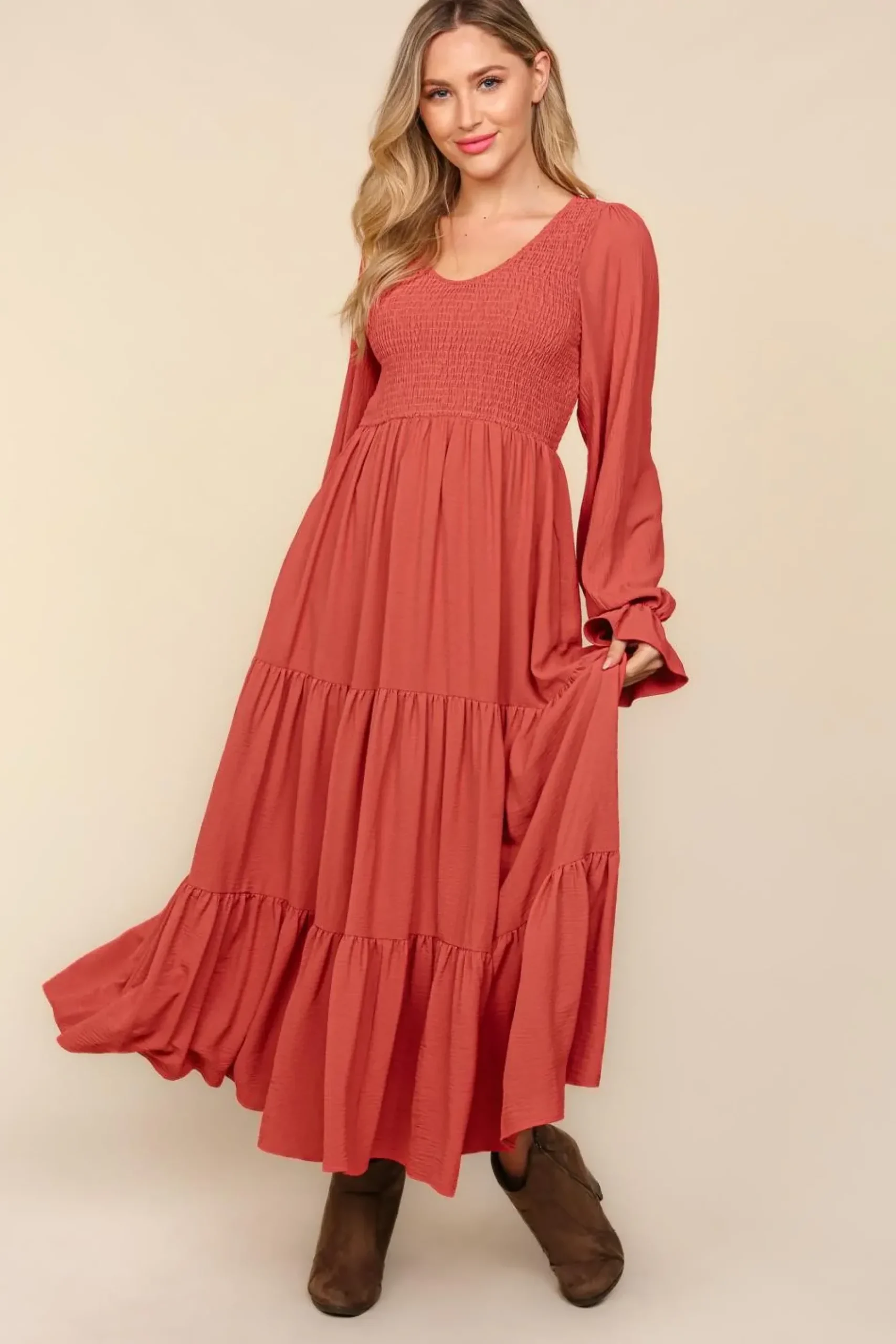 Smocking Woven Bubble Sleeve Maxi Dress - Marsala