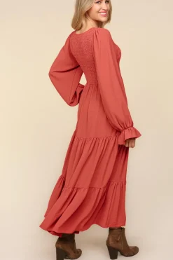 Smocking Woven Bubble Sleeve Maxi Dress - Marsala