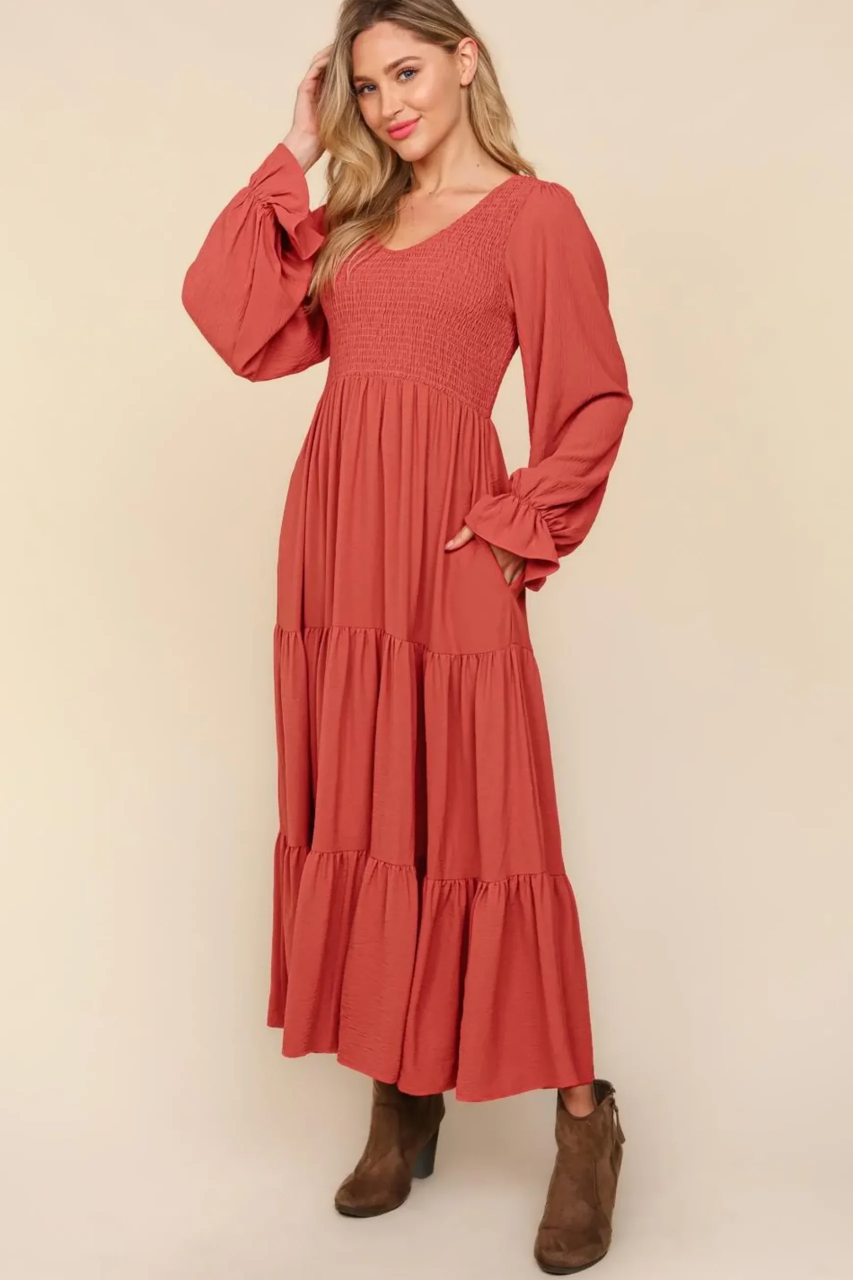Smocking Woven Bubble Sleeve Maxi Dress - Marsala