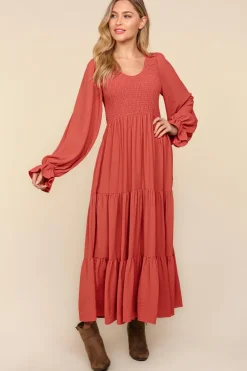Smocking Woven Bubble Sleeve Maxi Dress - Marsala