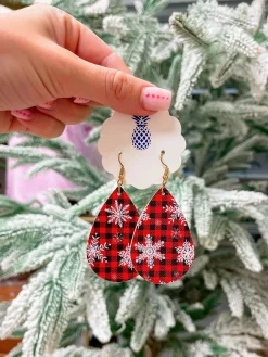Snowflakes Printed Teardrop Dangle Earrings - Red Buffalo Check
